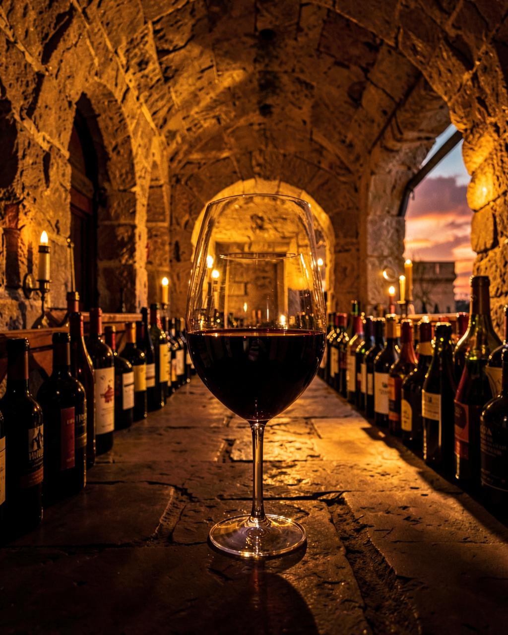 Copa de vino tinto en la bodega abovedada de piedra del palacio